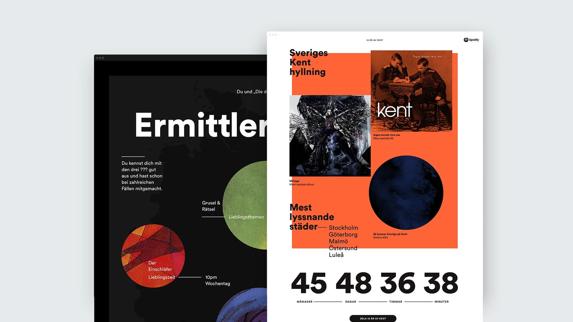 Spotify's Kent anniversary story visualized in German and Swedish interfaces